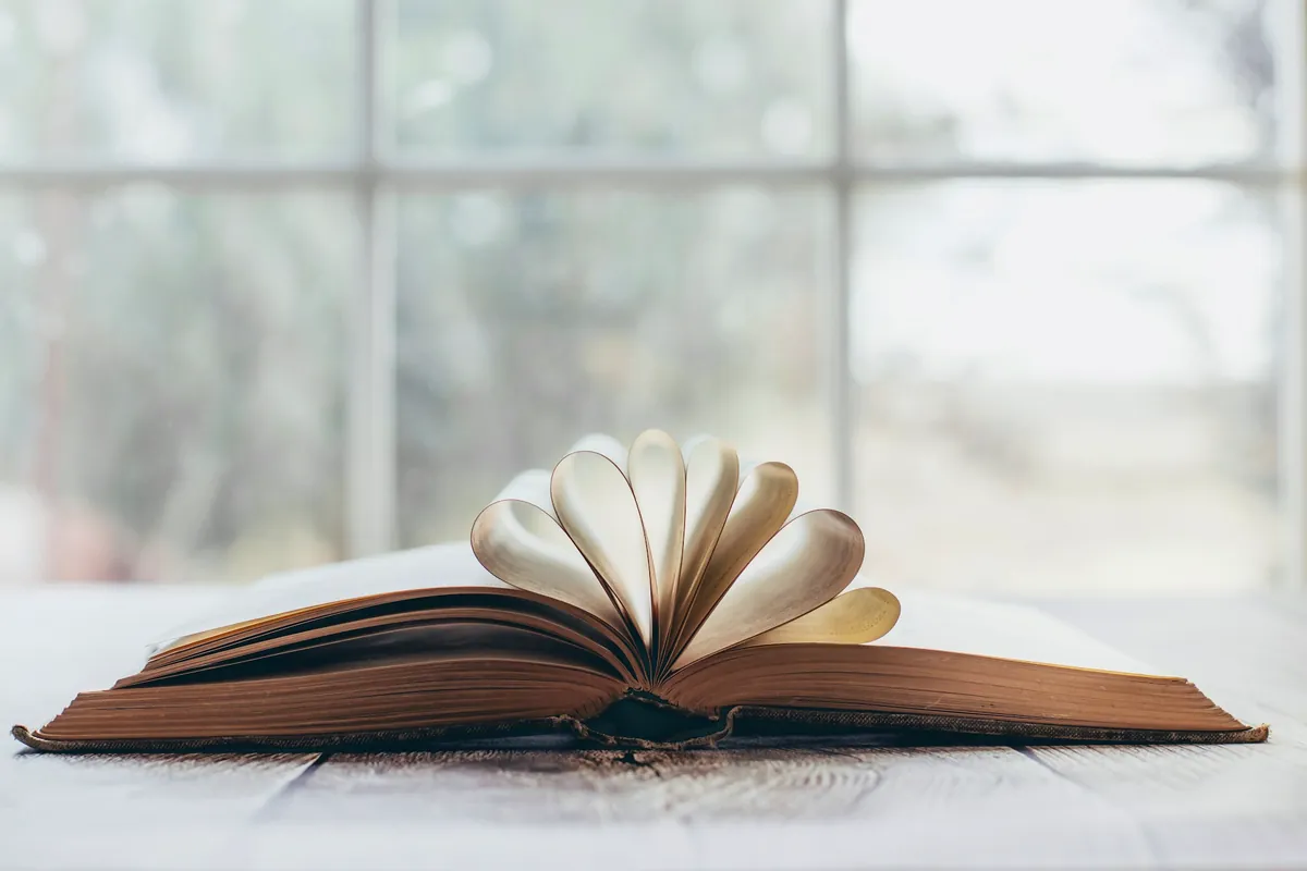 Livre ouvert posé près d’une fenêtre claire